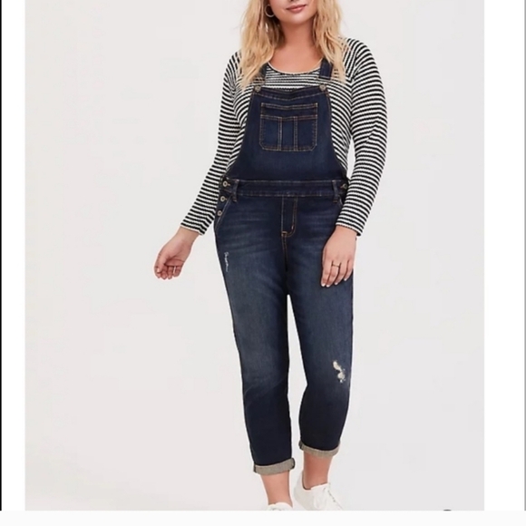 TORRID Denim Cropped Dark Wash Overalls Jeans - Picture 1 of 8